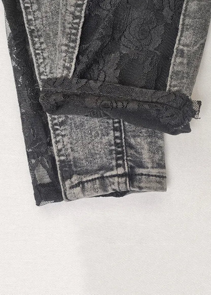 Grey Lace Patchwork Denim Crop Pants Summer