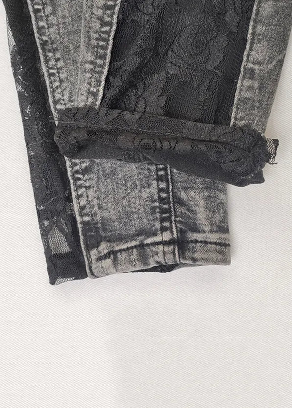 Grey Lace Patchwork Denim Crop Pants Summer