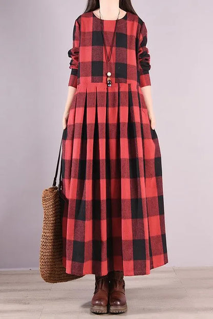 -fall Plaid Fold Patchwork Cotton Dress