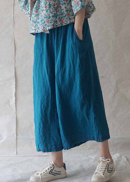 Blue Pockets Linen Wide Leg Pants Summer