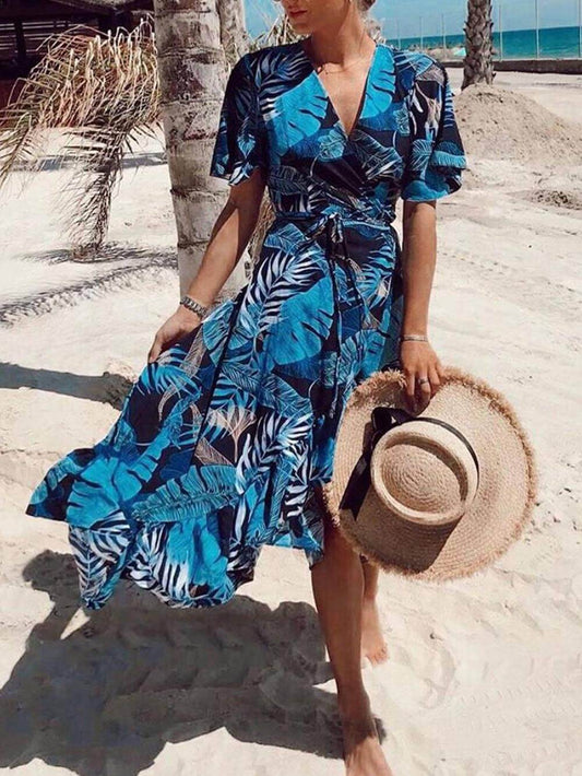Leaf Palm Print Wrap Over Midi Dress