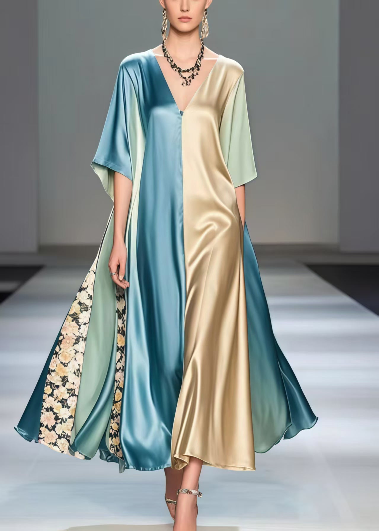 Polychrome Asymmetrical Patchwork Silk Robe Dresses Summer