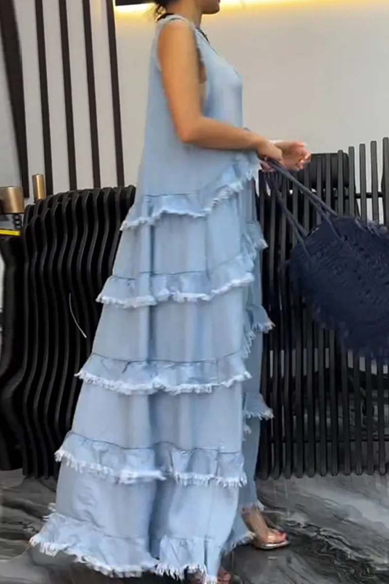 Color Distressed Ruffle V Neck Sleeveless Loose Denim Dresses(4 Colors)