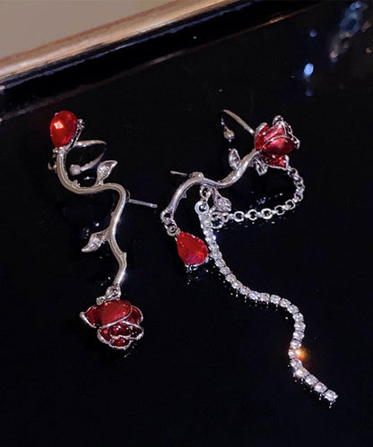 Red Alloy Zircon Crystal Oil Drip Asymmetry Tassel Drop Earrings