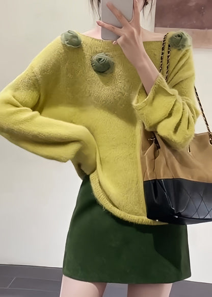 Fitted Yellow Slash Neck Decorated Knit Pullover Fall