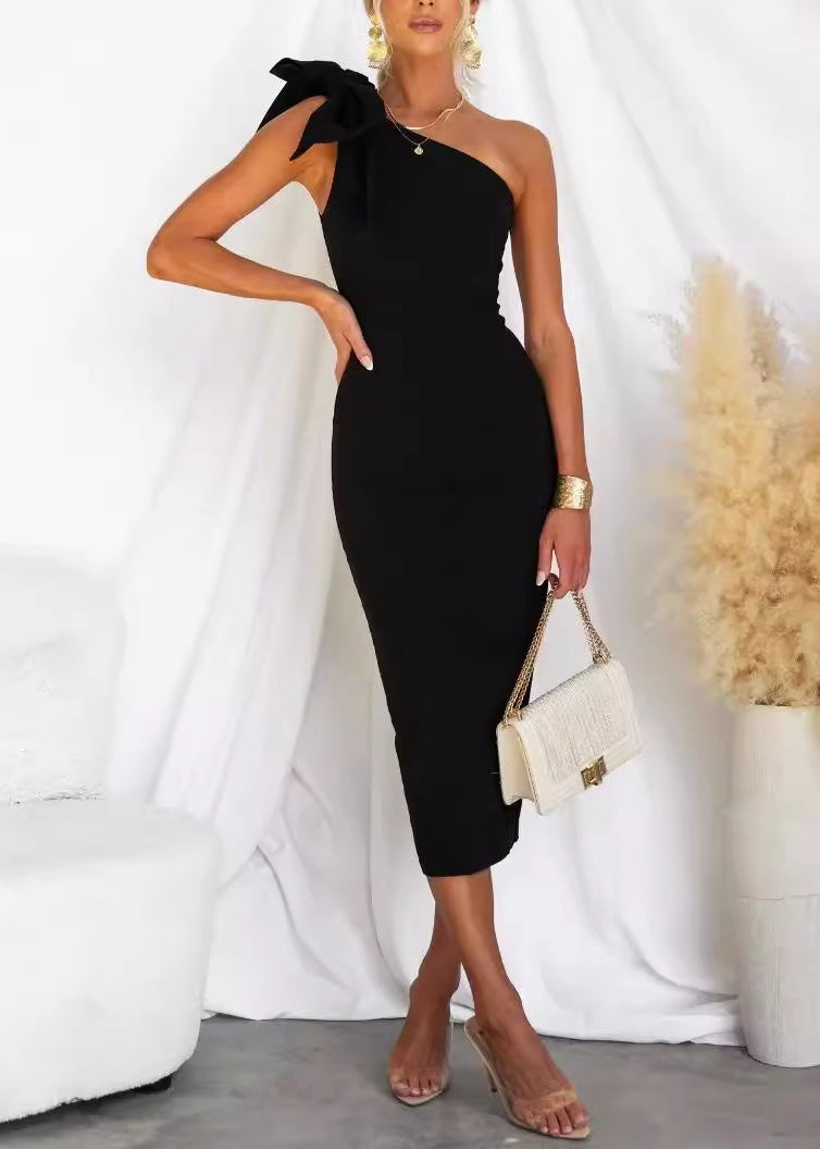 Slim Fit Rose One Shoulder Bow Cotton Long Dress Summer