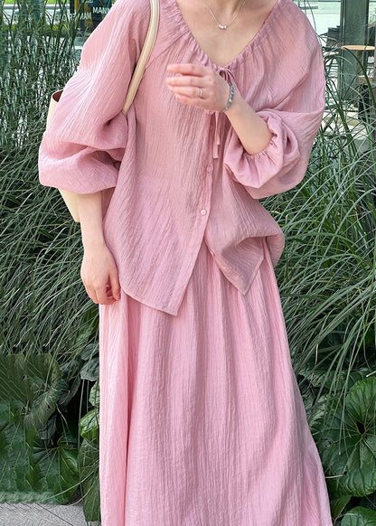 Pink Lace Up Shirt and Skirts Silk Fall Two Pieces Set Wrinkled
