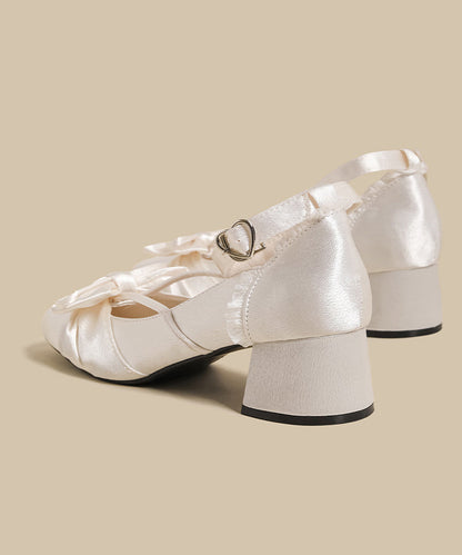 French White Bow Buckle Strap Splicing Satin Chunky Heel Shoes