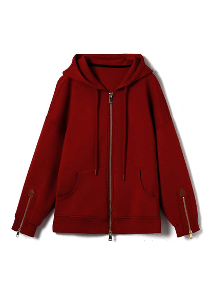Red Hooded Pockets Zippered Cotton Coats Fall