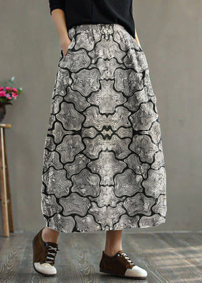 Grey- Elastic Waist Patchwork Print Fine Cotton Filled Skirt Winter