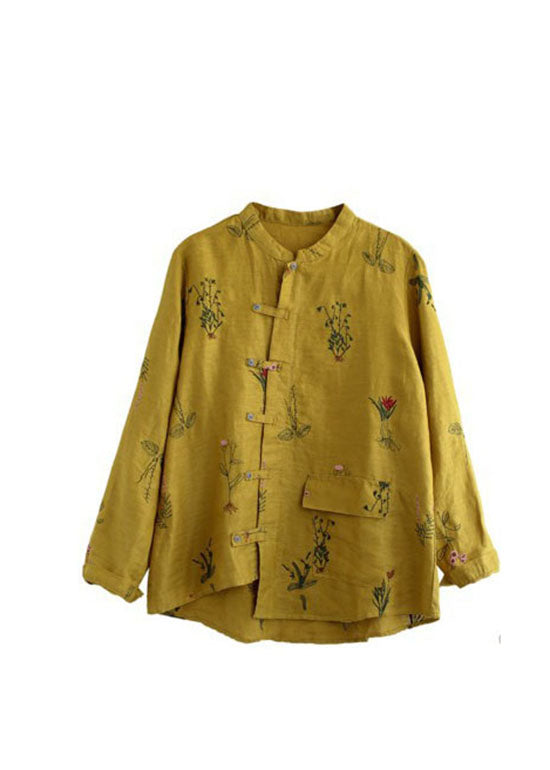 Yellow Asymmetrical Design Button Linen Blouses Top Long Sleeve