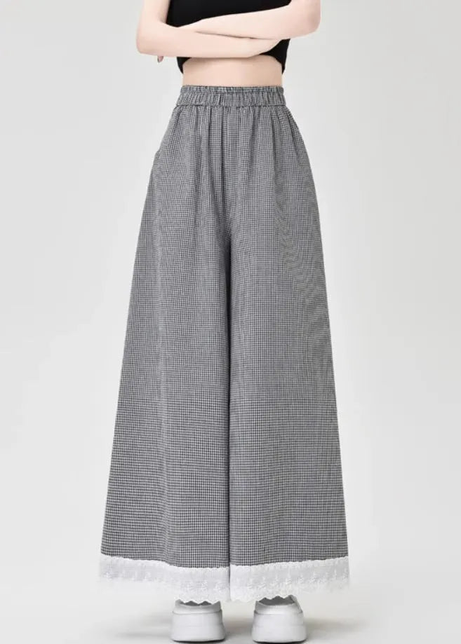 French Black Plaid Lace Patchwork Cotton Wide Leg Pants Summer