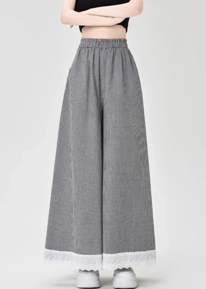 French Black Plaid Lace Patchwork Cotton Wide Leg Pants Summer