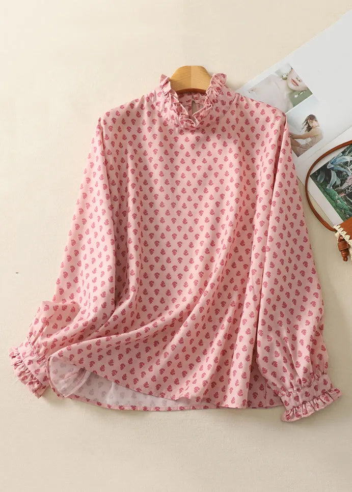 Pink Ruffled Print Cotton Shirts Spring