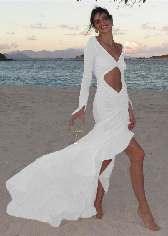 Apricot V Neck Sheer Hollow Out Maxi Dress Long Sleeve