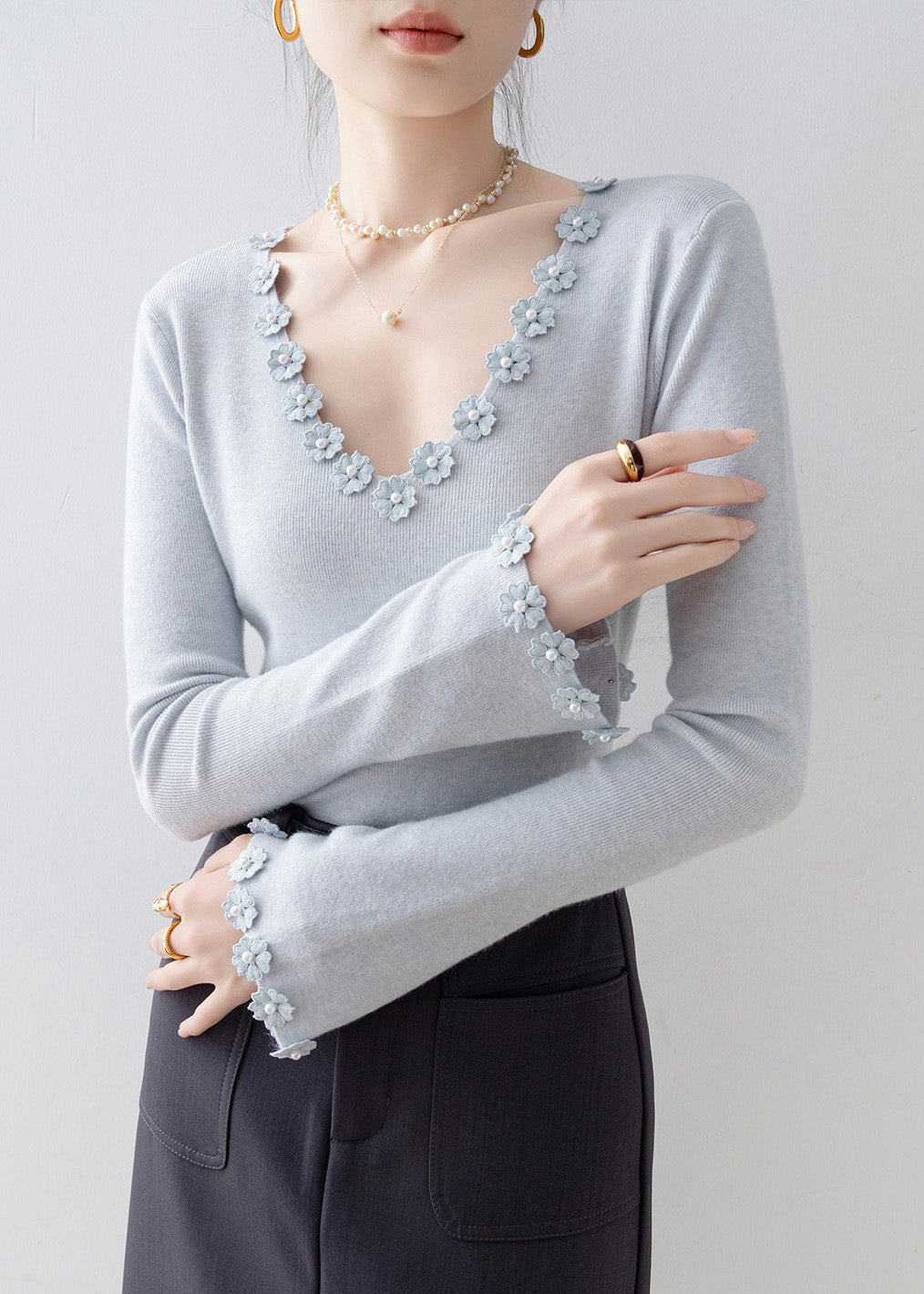 Italian Light Blue V Neck Knit Sweater Flare Sleeve