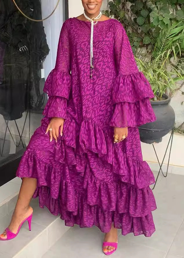 Purple Ruffled Flared Sleeve O-neck Long Dress