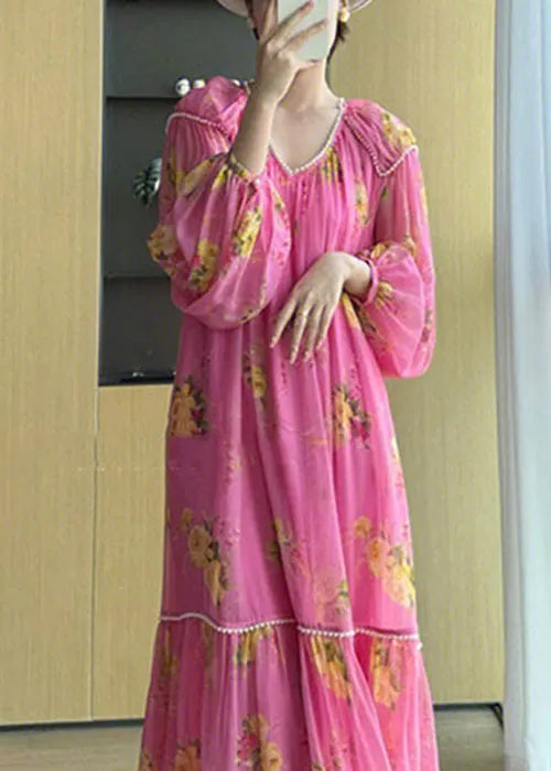 Pink V Neck Print Patchwork Chiffon Long Dresses Fall