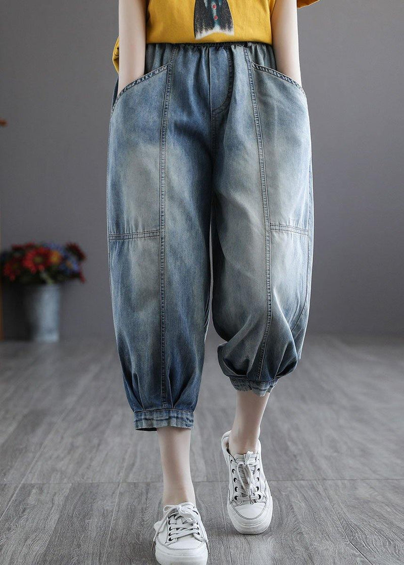 Italian Blue Pockets Elastic Waist Harem Pants Denim