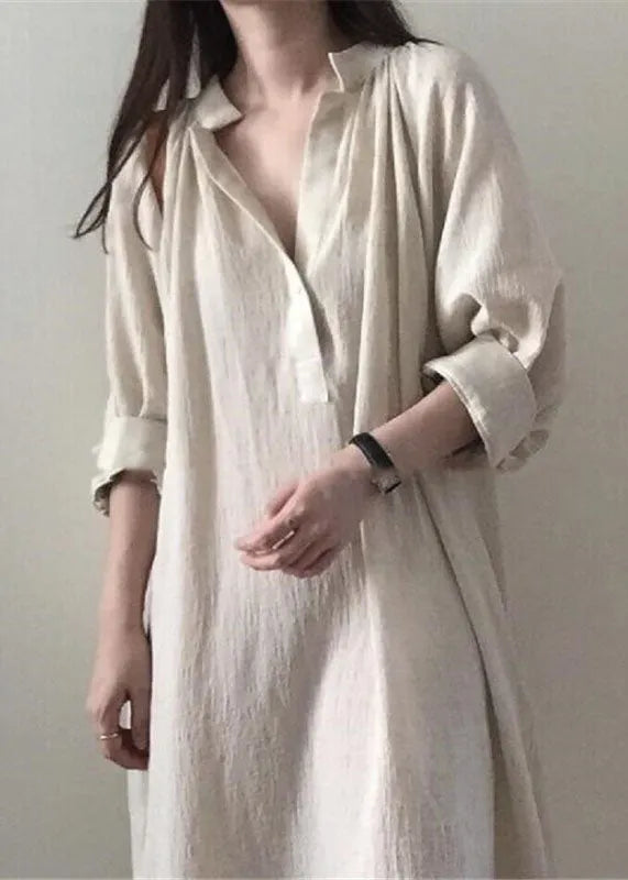 Apricot Side Open Stand Collar Cotton Dresses Long Sleeve