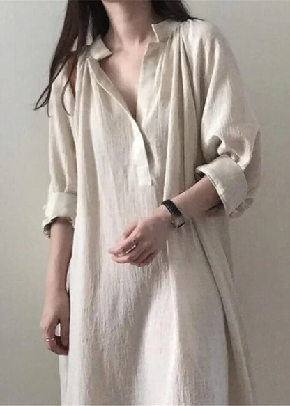 Apricot Side Open Stand Collar Cotton Dresses Long Sleeve