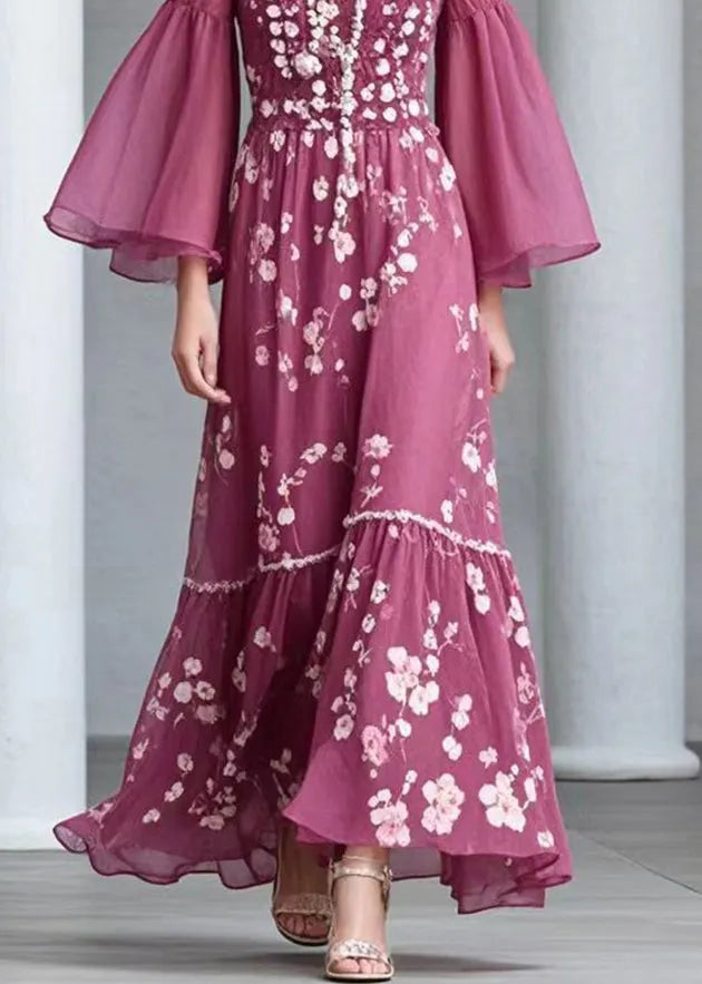 Rose Square Collar Print Chiffon Dress Flare Sleeve