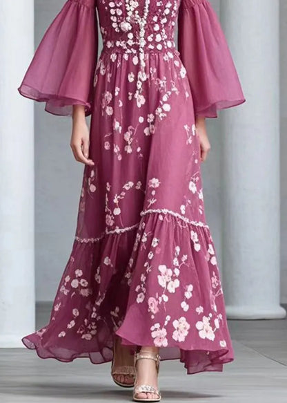 Rose Square Collar Print Chiffon Dress Flare Sleeve