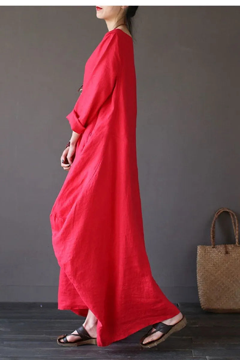 Red Bat Sleeve Causel Long Dress Oversize Outfits