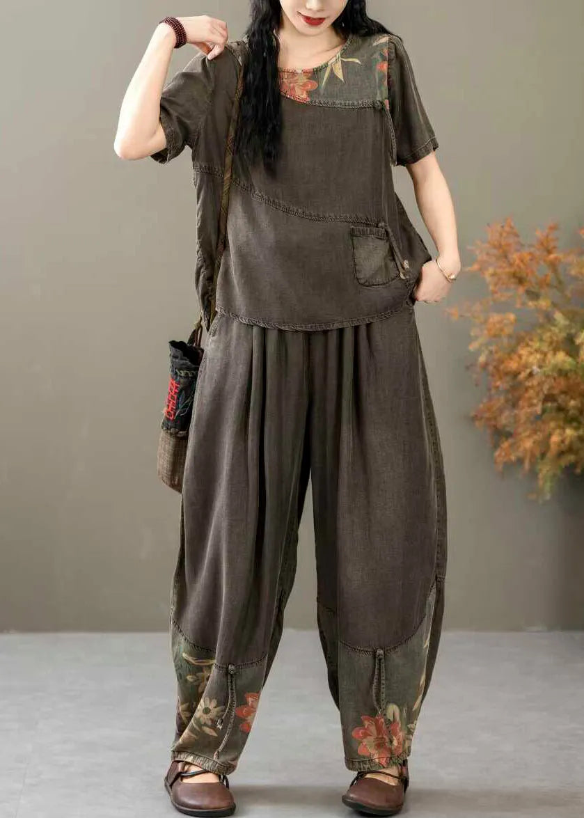 Black Print Tops and Crop Pants Denim Two Piece Suit Summer