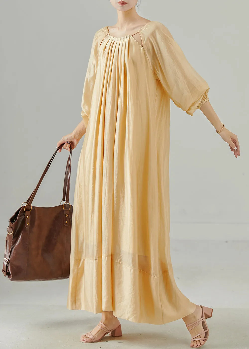 Khaki Oversized Hollow Out Linen Dress Spring