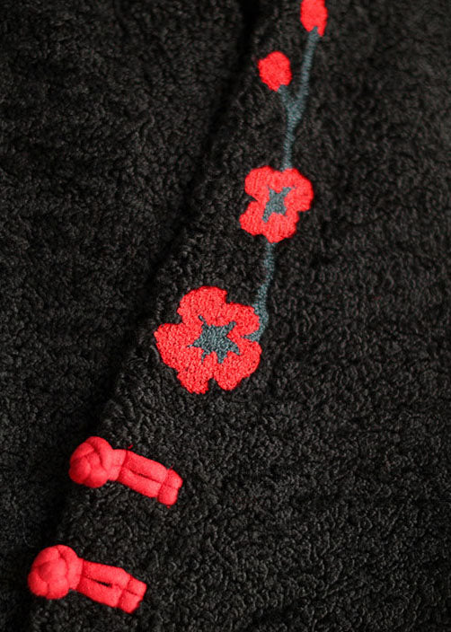 Chinese Style Black Button Embroidered Faux Fur Coats Long Sleeve