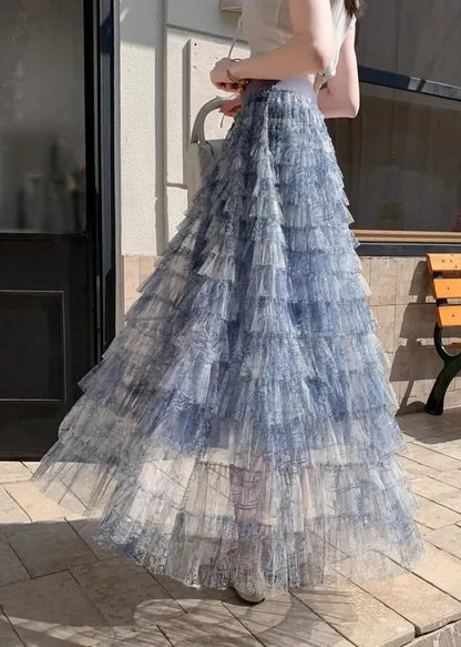 Gradient Color Blue Tie Dye Tulle Maxi Cake Skirt Summer