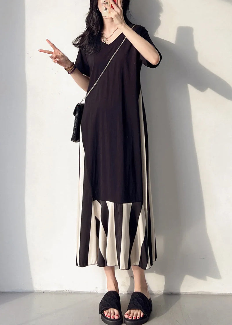 Loose Black V Neck Patchwork Cotton Long Dress Summer