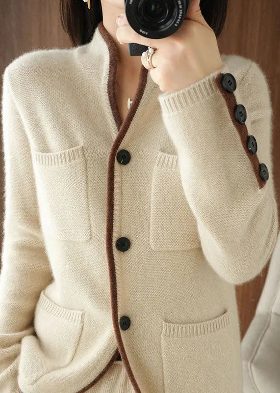 Beige Stand Collar Pockets Thick Knit Loose Cardigan Winter