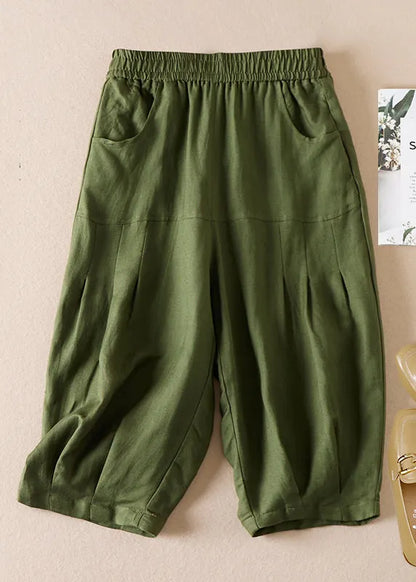 Beige Pockets Wrinkled Elastic Waist Cotton Shorts Summer