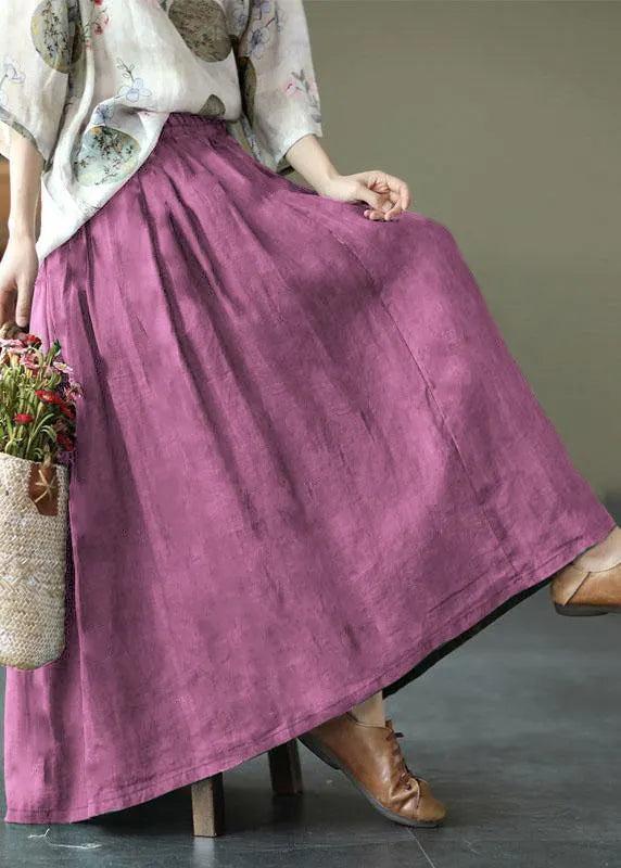 Pink Print Ramie Elastic Waist Skirt