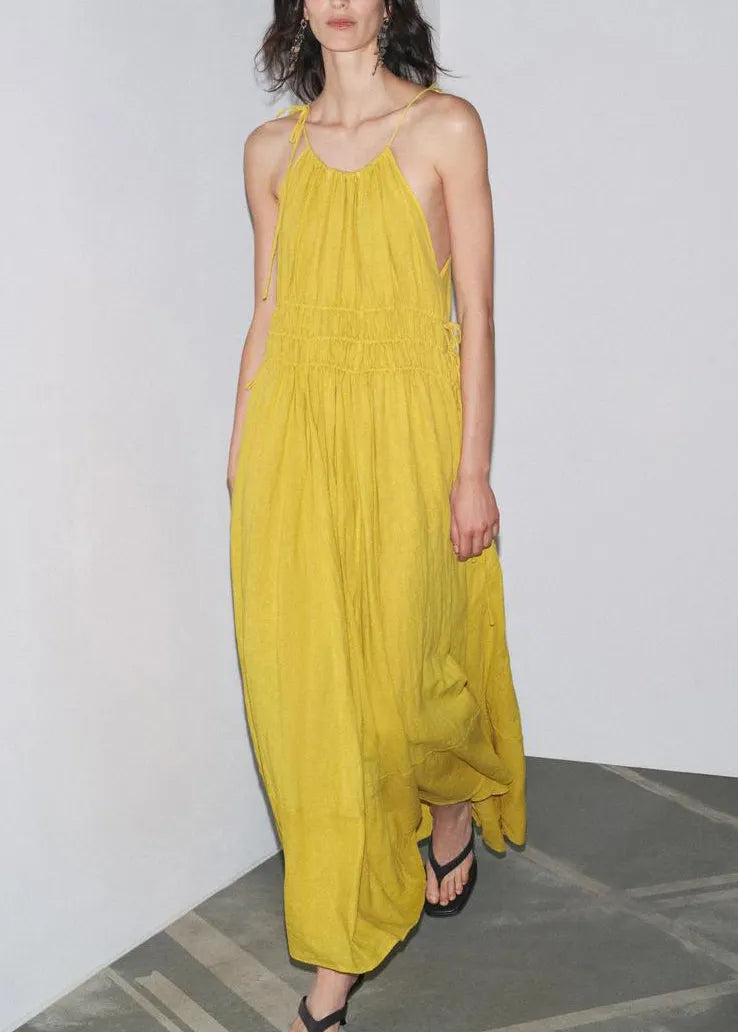 Yellow Wrinkled Lace Up Linen Spaghetti Strap Dress Sleeveless