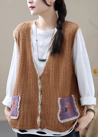Style Khaki Embroidered Pockets Fall Shirt Knit Vest Sleeveless