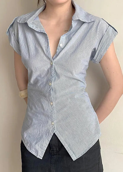 Classy Striped Peter Pan Collar Button Cotton Blouses Summer
