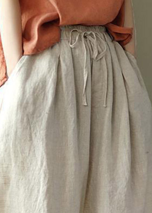 Linen Colour Drawstring Pockets Elastic Waist Linen Crop Pants Summer