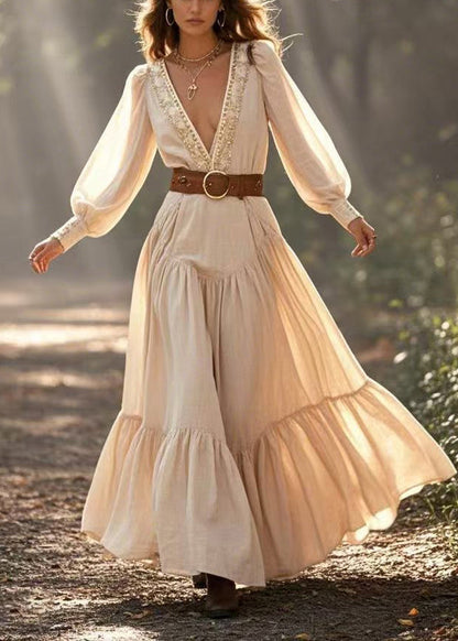 Natural Beige Deep-v Neck Exra Large Hem Cinched Dress Spring