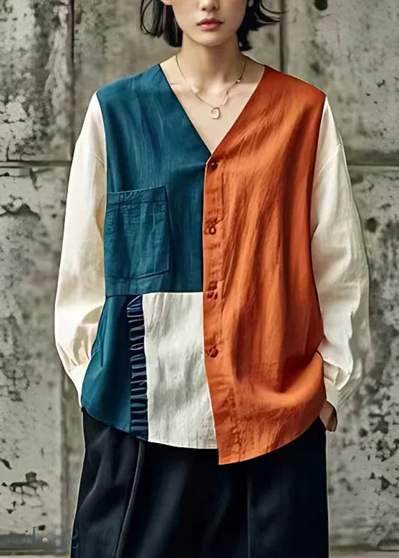Italian Orange Wrinkled Patchwork Pockets Tops Long Sleeve