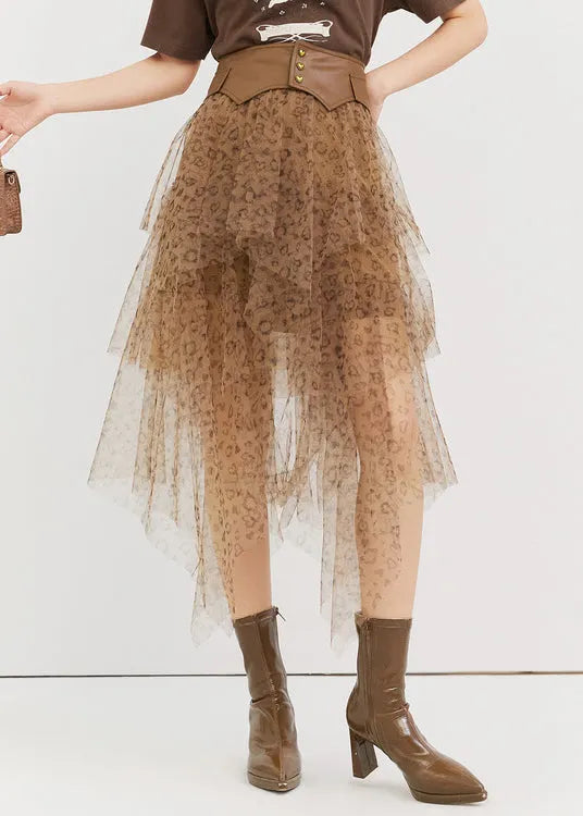 Leopard Asymmetrical High Waist Tulle Skirt Summer