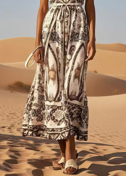 Brown Tie Waist Print Cotton Long Dress Summer