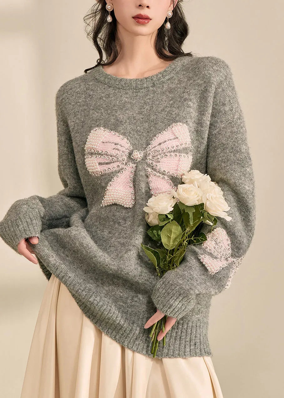 Loose Grey O-neck Bow Cozy Cotton Knit Sweater Tops Fall