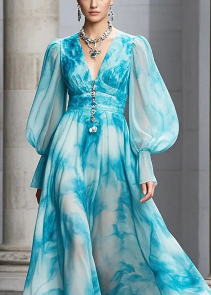 Blue V Neck Tie Dye Chiffon Maxi Dresses Fall