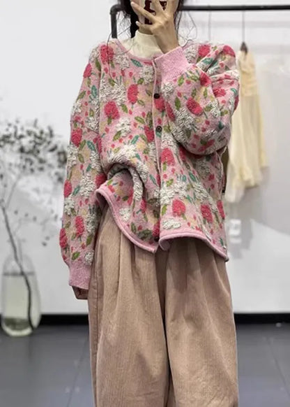 Pink O Neck Button Jacquard Cozy Knit Cardigan Fall