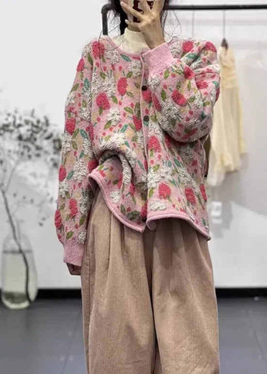 Pink O Neck Button Jacquard Cozy Knit Cardigan Fall