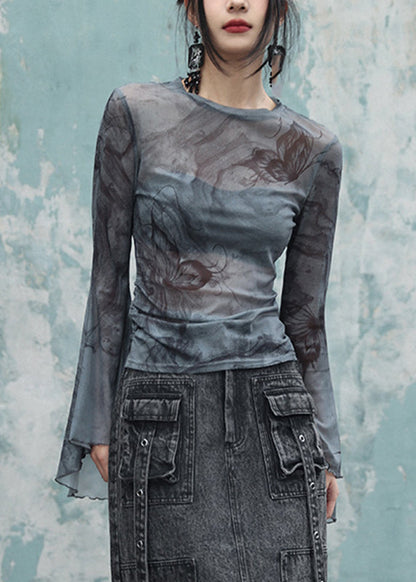 Slim Fit Grey O-neck Print Tulle Tops Flare Sleeve