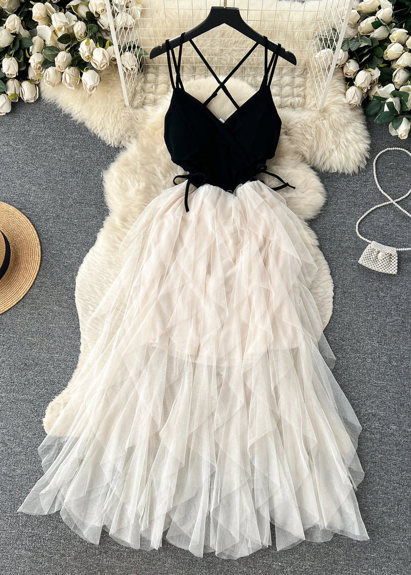 Apricot Cinched Patchwork Tulle Spaghetti Strap Dress Sleeveless